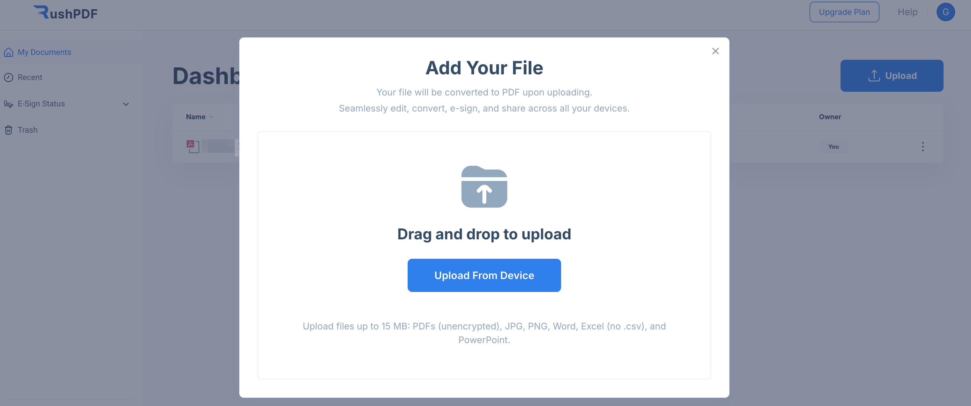 pop up titled 'Add your file' allowing users to upload jpg images to convert into pdf