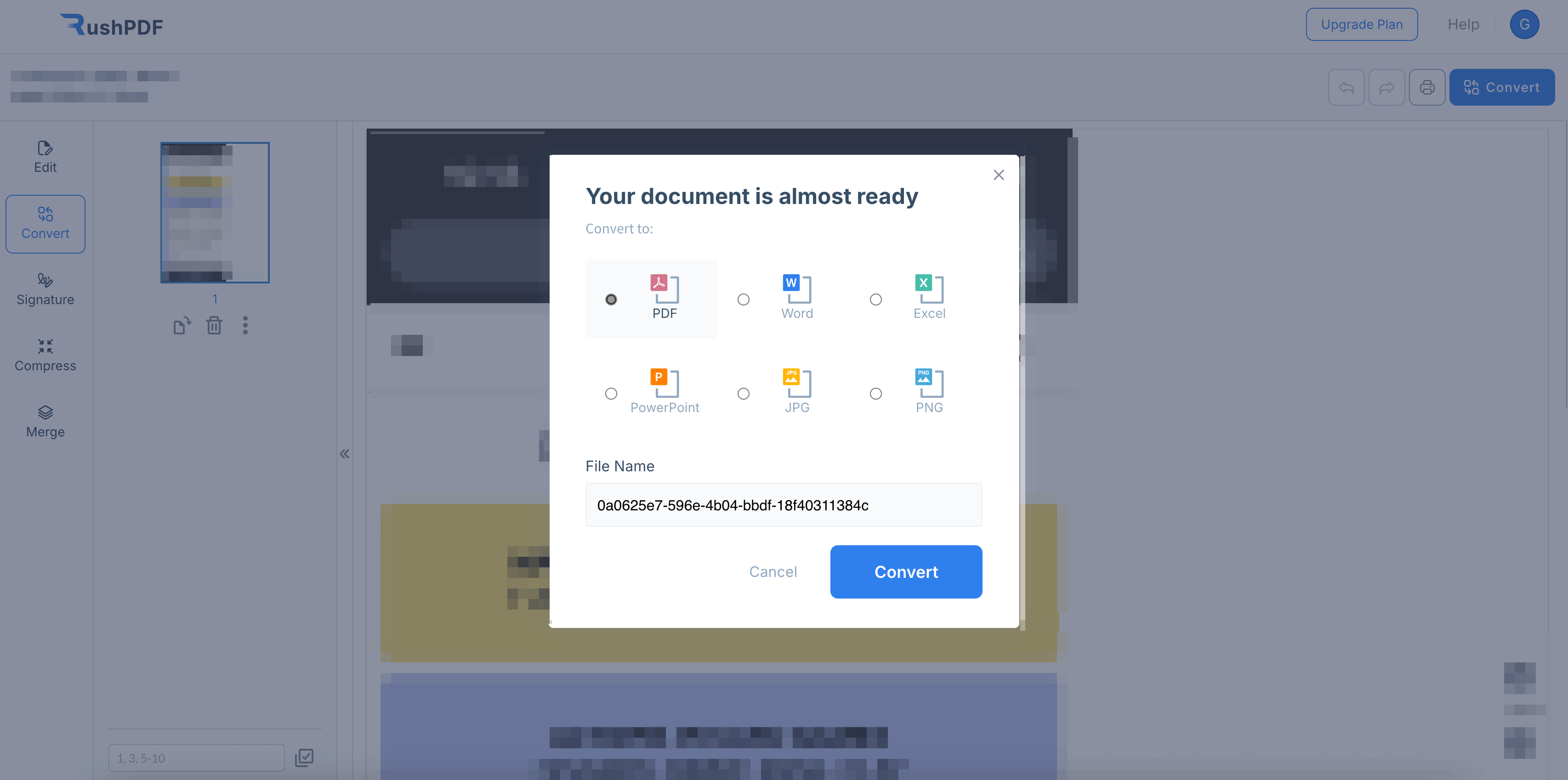 pop up titled "Your document is almost ready" allowing users to choose the format in which they want to convert the document