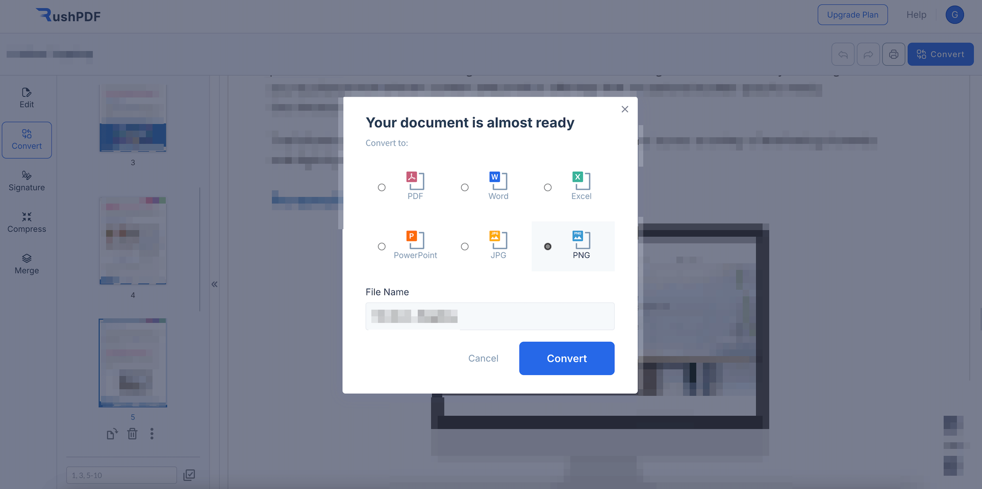 pop up titled "Your document is almost ready" allowing users to choose the format in which they want to convert the document