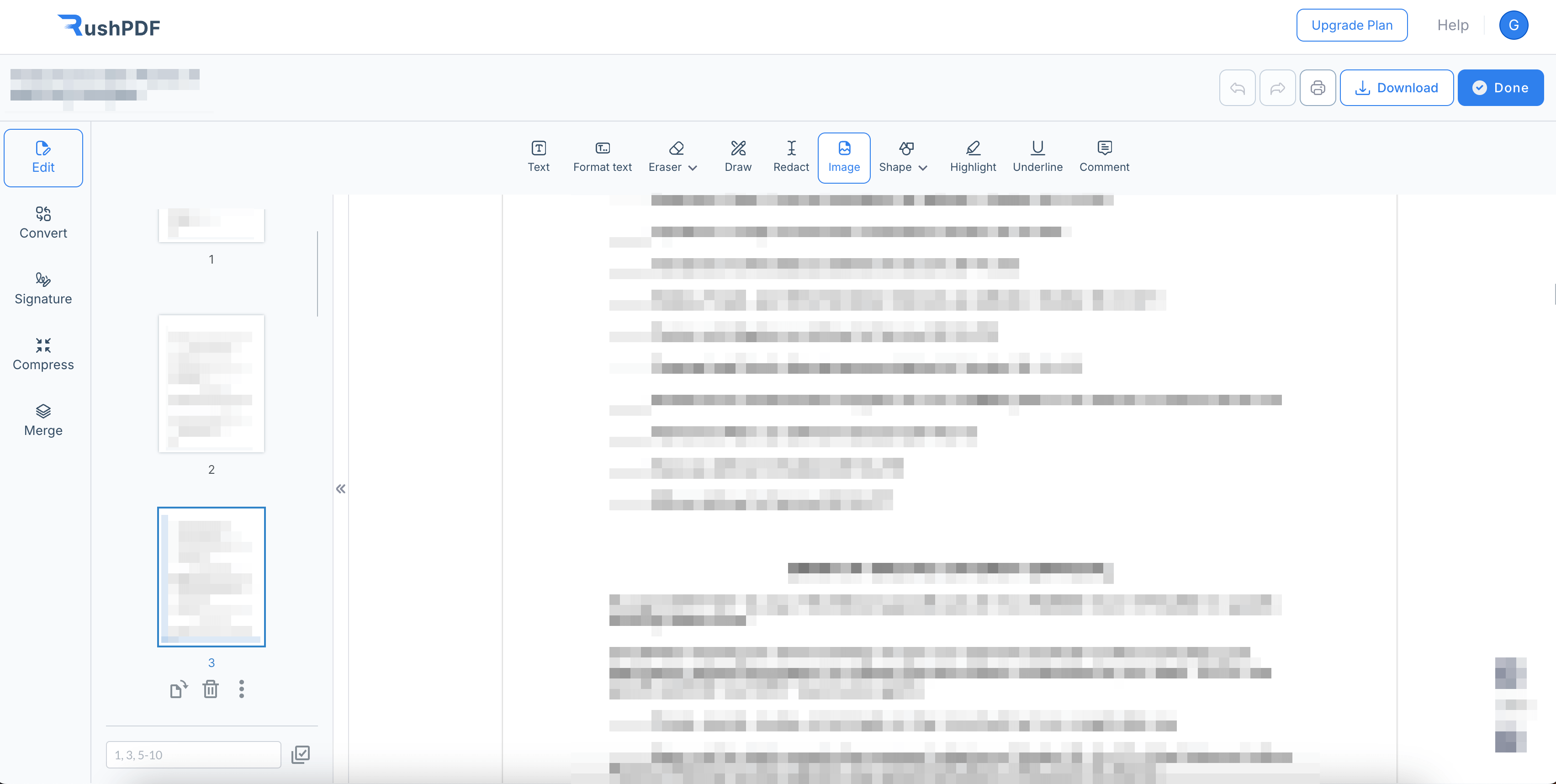 document interface allowing users to rotate pages from their pdf files