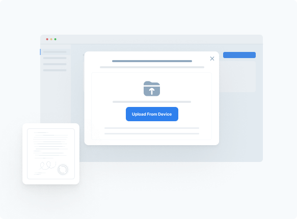 Illustration of a file upload interface with an option to upload a document from a device. A PDF icon and signature graphic are shown on the side, indicating a document upload feature.